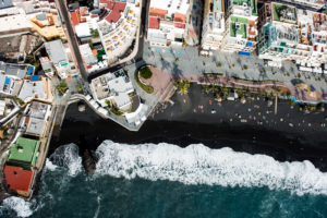Puerto Naos with volcano beach and seafront, La Palma, aerial picture, Canary islands, Spain Puerto Naos with volcano beach and seafront, La Palma, aerial picture, Canary islands, Spain
